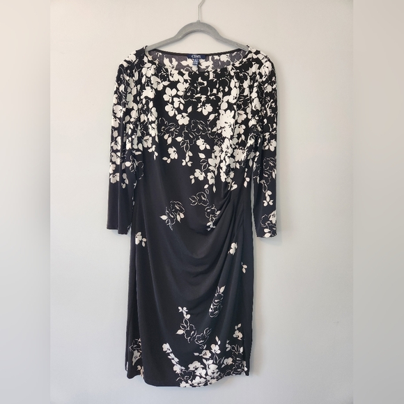 Chaps Black Floral Sheath Dress Long Sleeve Ruched sz XL - Picture 1 of 6